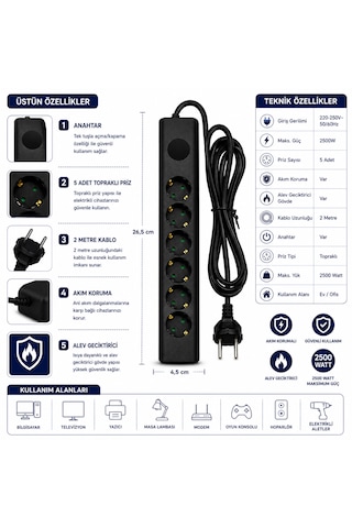Sh-4633 5 Li Akım Korumalı Priz 2500w 2 Metre Kablolu Anahtarlı Topraklı Çoklu Grup Priz Uzatma Kablosu 2 M