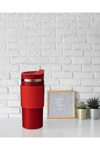 Silikon Kılıflı Kırmızı Paslanmaz Termos 500 ML Kırmızı