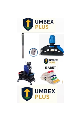 Umbex Çift Kovalı Krom Temizlik Arabası Paspas Arabası Islak Mop Seti 5 Adet Mop