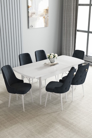 Jusie Beyaz 80x132 Açılabilir Mutfak Masası Takımı 6 Adet Sandalye Antrasit