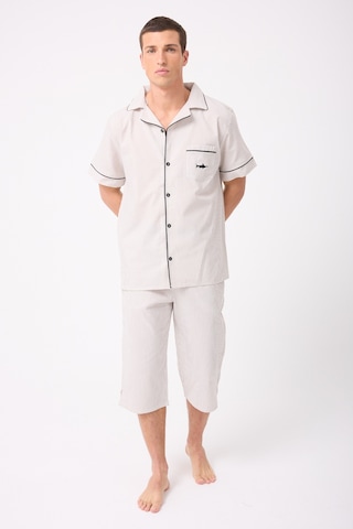 L'espadon Marısılk Seastrıpe Erkek Dokuma Yazlık Kısa Kollu Capri Pantolonlu Pijama & Lounge Takımı-3215 Bej