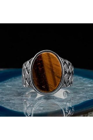 925 Ayar Gümüş Örgü Desen Düz Kaplan Gözü Taşlı Erkek Yüzük - 516126941