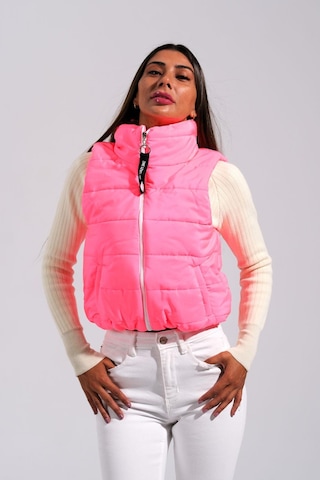 Keyifli Moda Kadın Pembe Sırtı Taş İşlemeli Dik Yaka Kısa Şişme Yelek-pembe Pembe