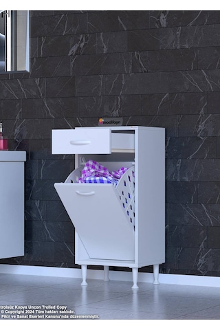 Eliusta Asil 50 Cm Kirli Çamaşır Sepetli Banyo Dolabı 1 Çekmeceli Mutfak Çok Amaçlı Dolap 50x88x32,5 Cm Beyaz