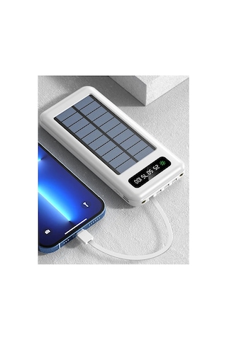 10000 Mah Powerbank Göstergeli Powerbank Solar Powerbank Güneş Enerjili Fenerli 4 Çıkışlı Beyaz