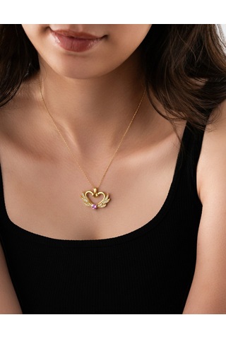 925 Ayar Zirkon Taşlı Gold Birleşen Kuğular Kalp Motifli Gümüş Aşk Kolyesi Gümüş - Rodyum