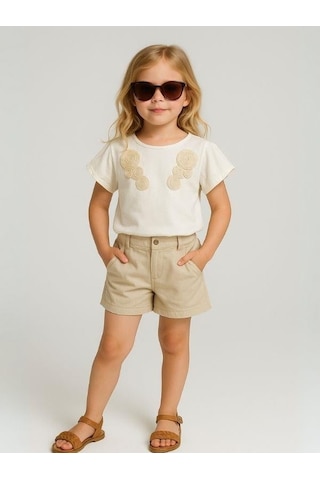 Kız Çocuk Etnik Desenli Nakışlı Tasarım T-shirt-15980 Krem