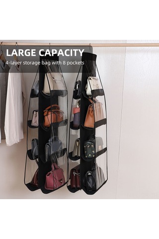 Singree 4 Katmanlı Çanta Organizatörü - 8 Cep, Metal Askılı, Toz Geçirmez, Dikey Saklama Çözümü Siyah