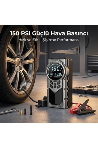 Akü Takviyeli Lastik Şişirme Hava Kompresörü, 150 Psı Güçlü Hava Basıncı, 8000 Mah Uzun Şarj Ömrü, Akü Jum