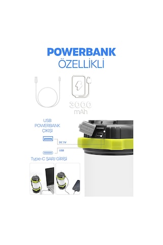 6 Mod Şarjlı Kamp Lambası El Feneri Powerbank Özellikli Su Geçirmez Led Işıldak Yeşil 47703 Gri