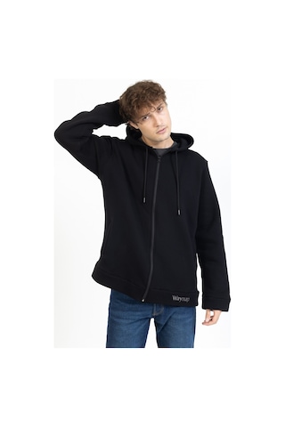 Tampap Erkek Kışlık Büyük Beden Kapşonlu Sweat Baskılı Fermuarlı Waynap Siyah