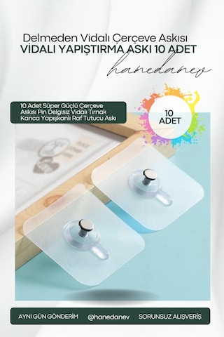 10 Adet Süper Güçlü Çerçeve Askısı Pin Delgisiz Vidalı Tırnak Kanca Yapışkanlı Raf Tutucu Askı Şeffaf