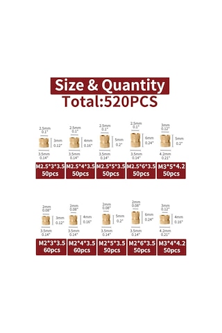 Nayomiglow 520 Adet M2 M2.5 M3 Metrik Dişi Dişli Yivli Pirinç Dişli Ekleme Gömülü Somun Çeşitleri Kiti Diğer