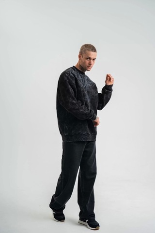 Unisex Uzun Kol Bisiklet Yaka Yıkamalı Sweatshirt - Siyah