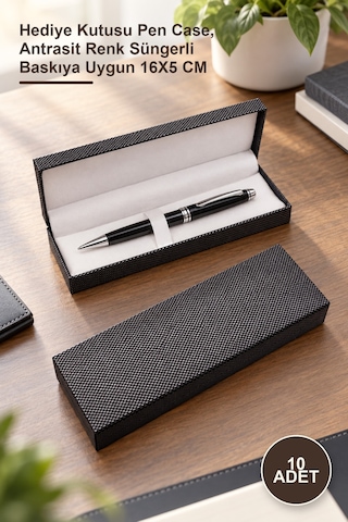 10 Adet Promosyon Kalem Kutusu Hediye Kutusu Pen Case, Antrasit Renk Süngerli Baskıya Uygun 16x5 Cm Diğer