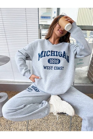 Mıchıgan Baskılı Bisiklet Yaka Gri Sweatshirt Ve Siyah Eşofman Altı Eşofman Takımı Gri