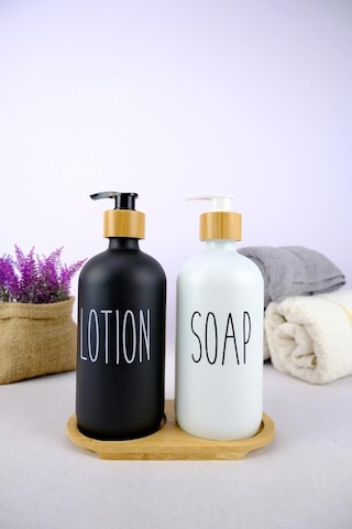 Digithome 2 Li Ahşap Standlı Cam Sıvı Sabun Ve Losyon Şişesi Sabunluk 500 Ml - E/6 C1-1-289