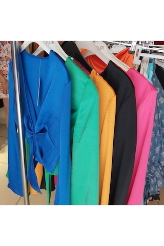 Fashion Cocktail Saten Önden Bağlamalı Dekolte Sexy Gece Kokteyl Kombin Uzun Kol Krop Bluz Pembe