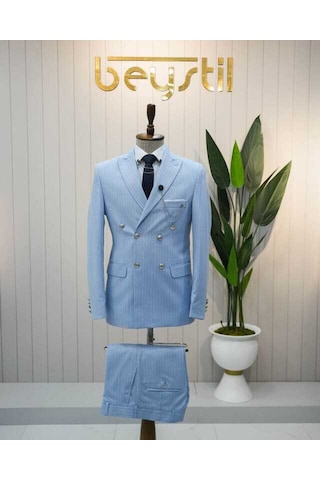 Beystil Sivri Yaka Bebe Mavisi Çizgili Kruvaze Takım Elbise - Slim Fit Mavi