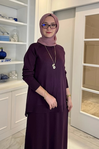 Rabia Şamlı Ceren Etekli Triko Takım Mürdüm Normal