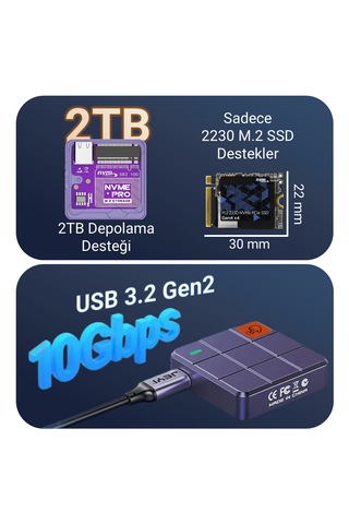 Jeyı İ9-square 2230pro M.2 Nvme Ssd Kutusu Dokunmatik Yazma Koruması Write Protect Usb 3.2 Gen2 10gbps Alüminyum Soğutuculu Mini Disk Kutusu