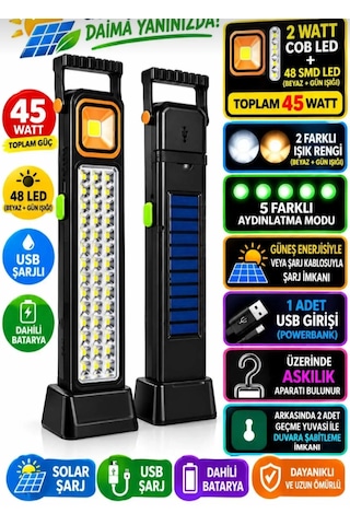 Solar Işıldak Fener Güneş Enerjili Ve Usb Şarjlı Kamp Telefon Güç Kaynağı 48 Ledli 45w 0