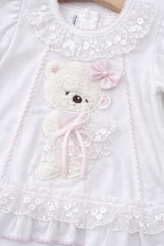Kardeşler Bebe Dantelli Ayıcıklı Kız Bebek Elbise Takım Saç Bantlı 3 Lü Set Beyaz-pembe