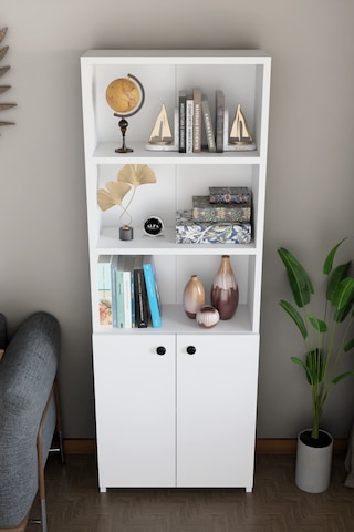 Kapaklı Çok Amaçlı Salon Dolabı 150x50x22 Cm Raflı Kitaplık Dekoratif Depolama Ünitesi Beyaz