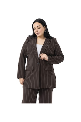 Büyük Beden Çizgili Kahverengi Ceket Pantolon İkili Takım Kahverengi