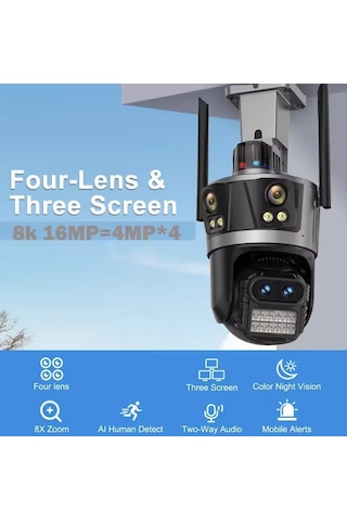6k 16mp Dört Lensli Wifi Kamera 8x Zoom, Aı Takip, Gece Görüş, Ip66 Su Geçirmez