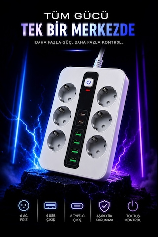 6'lı Priz Çoklayıcı 4 Usb + 2 Type-c Hızlı Şarjlı Anahtarlı Priz 3500w 2 Metre Kablo 2 - 5 M