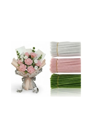 100 Adet 3'lü Şönil Set Pastel Pembe 50 , Beyaz 25 , Ordu Yeşili 25 Şönil ,çiçek Yapım Seti