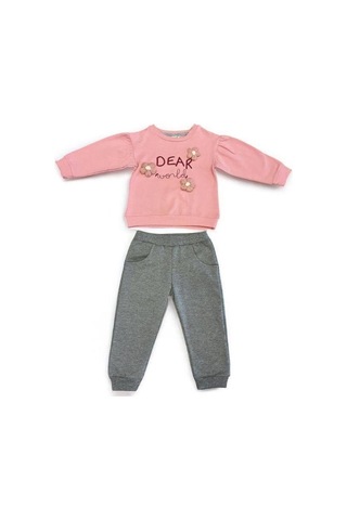 Kız Çocuk Dear Yazılı Pamuklu Eşofman Takım-14291 Pudra