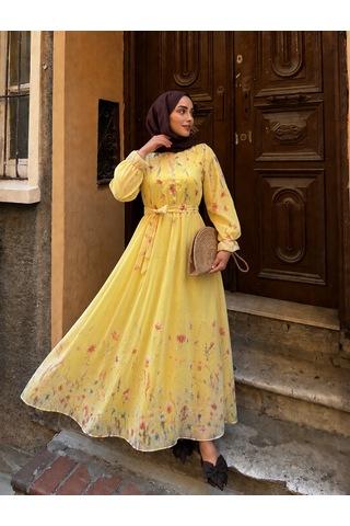 Efulim Womens Modal Tül Şifon Elbise Sarı