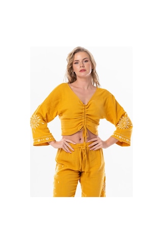 Uzun Kol Günışığı Büzgü Detaylı Yazlık Müslin Bluz Hardal Hrd-hardal