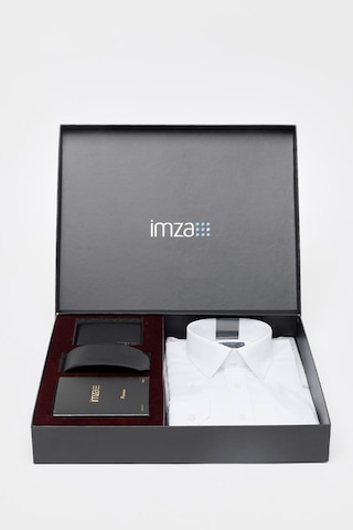 İmza Beyaz Gömlek Slim Fit, Kravat, Cüzdan, Parfüm 4'lü Set, Damat Bohçası, Hediye Seti, Düğün Set Beyaz