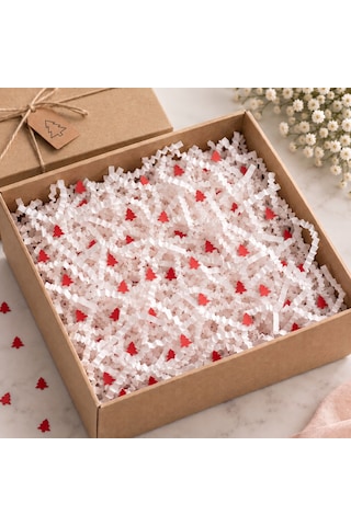Kırpık Kağıt Z Zigzag 250 Gram Beyaz Renk Kırmızı Çam Ağacı Desenli Hediye Kutusu İçi Dolgu Kağıdı, Hediye Paketleme Ve Dekoratif Ambalaj Süsü