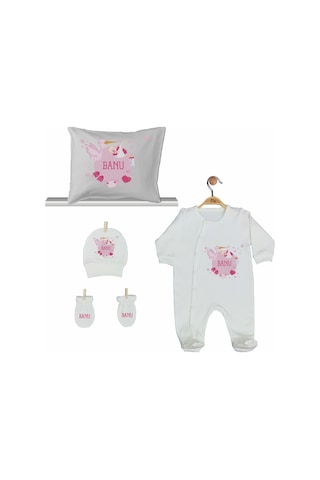 Pia Baby Gl 2005 İsme Özel Leylekli Beşli Tulum Set Krem
