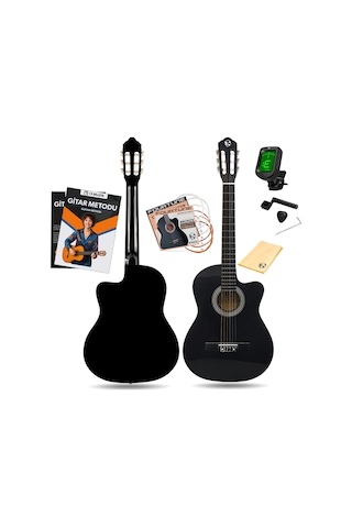 Fourtune Luca CW-200BK Kesik Kasa Siyah Klasik Gitar Seti 4/4 Sap Ayarlı (Cutaway)