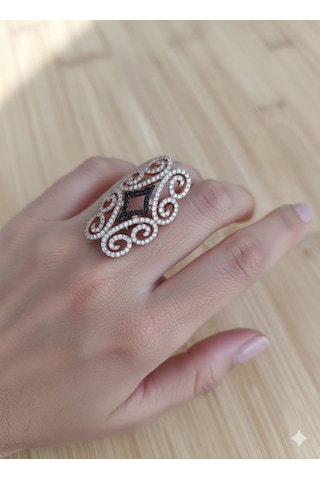 Roz Kaplama Oniks Baklava Desenli Filigran Yüzük Gümüş - Rose Gold