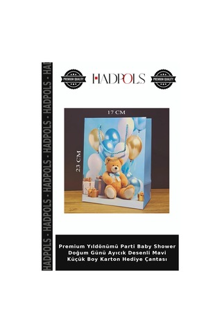 Premium Yıldönümü Parti Baby Shower Doğum Günü Ayıcık Desenli Mavi Küçük Boy Karton Hediye Çantası