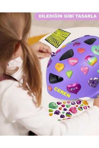 Lila Mor Çocuk Kaskı Spor Koruyucu Kask Kalpler Ve Harfler Stickerlı Bisiklet Scooter Paten Ekipmanı Lila