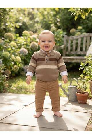 Efemkids Hırka Papyon Keten Pantolon 3'lü Erkek Bebek Takım Beli Lastikli Esnek Rahat Yenidoğan Bebek Takım kahverengi