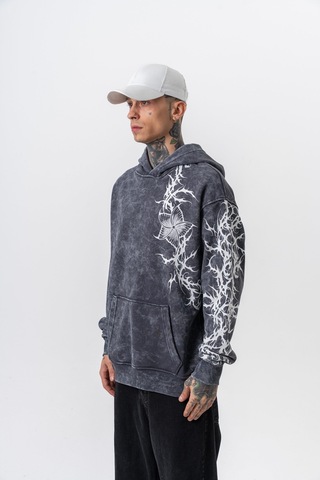Respire Erkek Far From Basic Baskılı Yıkamalı Kapüşonlu Oversize Hoodie Siyah