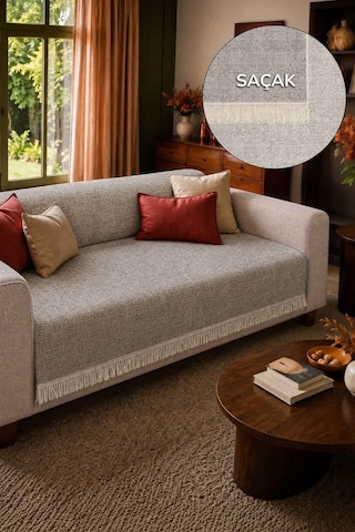 Çift Taraflı Pamuklu Kaymaz Koltuk Örtüsü 170x220cm - Krem Çok Amaçlı Örtü Pike Koltuk Şalı