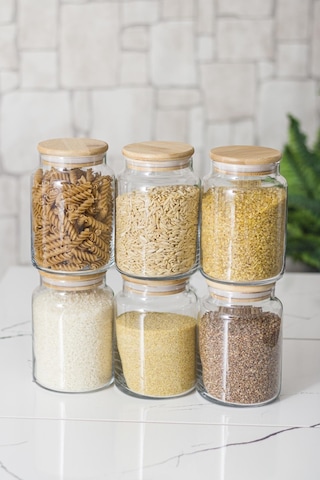 6 Lı Set Bambu Kapaklı Cam Kavanoz & Erzak Saklama Kabı 800 Ml Orta Boy Vakum Kapak Stantart