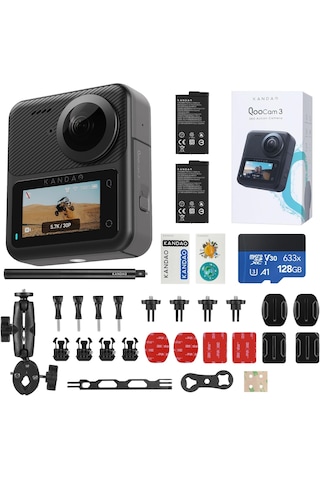 Kandao Qoocam 3 Aksiyon Kamerası 5.7 K + 2 Batarya + 128 Gb Sd Kart + 1 Kamera Çubuğu + 1 Motor Aksesuar Paketi Full Set Siyah