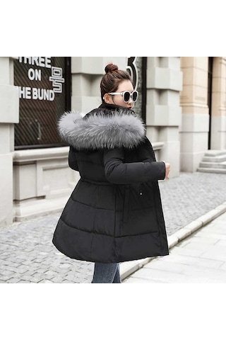 Kışlık Yaka Kürklü Orta Boy Kadın Şişme Mont Siyah