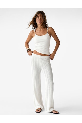 Koton Koton X Şahika Ercümen - Slim Fit Düz Bol Paça Kroşe File Pantolon Ekru 6sak40115ek
