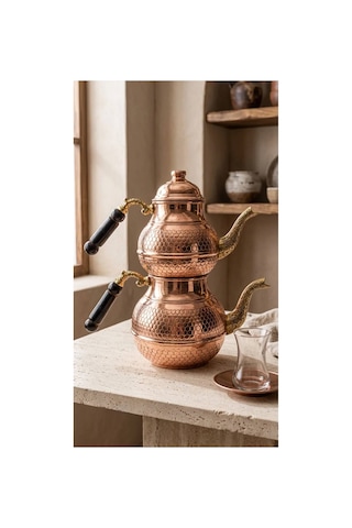 Petek Desenli Bakır Çaydanlık Seti 1 Mm Büyük Boy Üst 850-950 Ml Alt 1850-1950 Ml 27 Cm - Bakır Bileklik Hediyedir Trs-0114